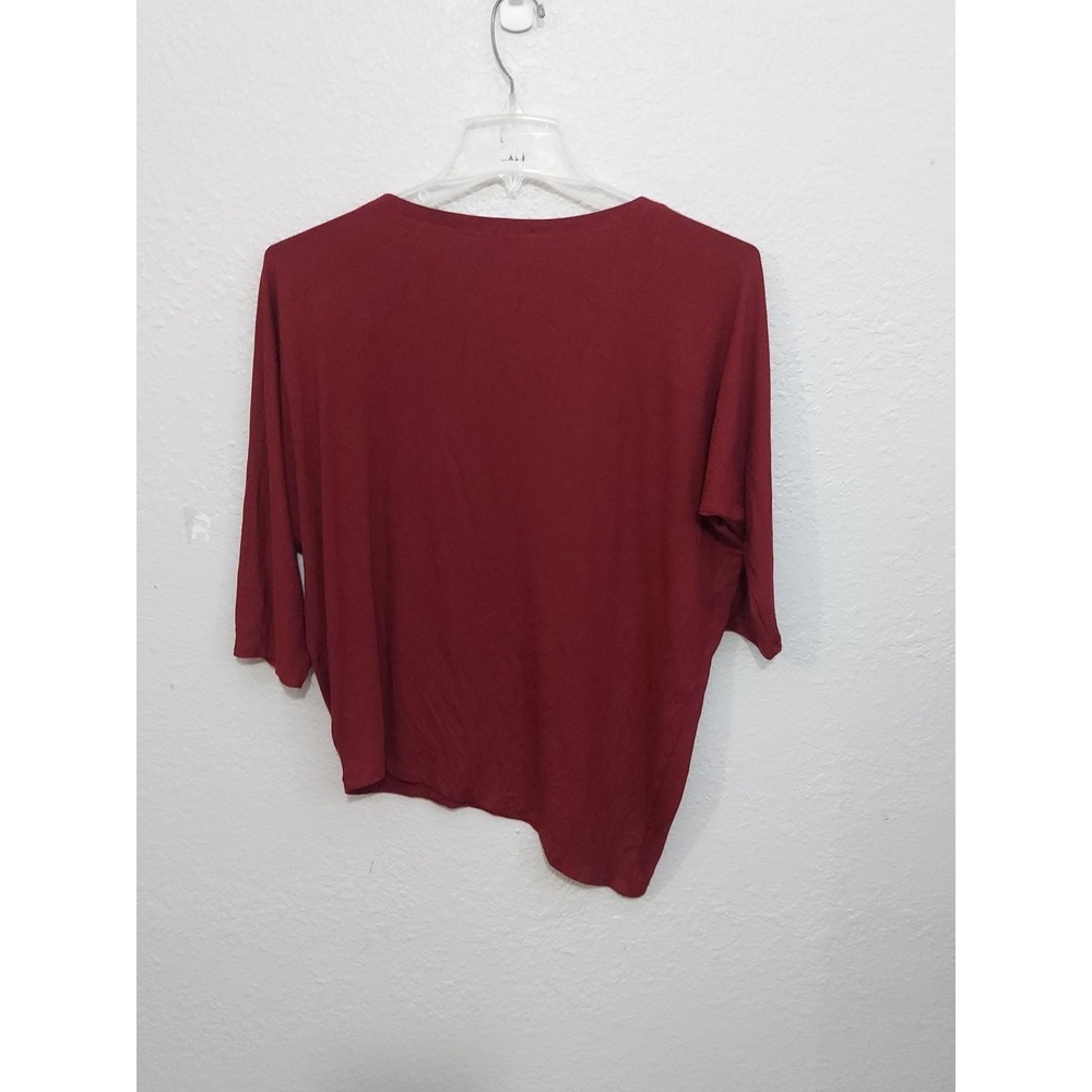 Eileen Fisher Top Womens Medium Burgundy 3/4 Sleeve Assymetrical Hem Lagenlook